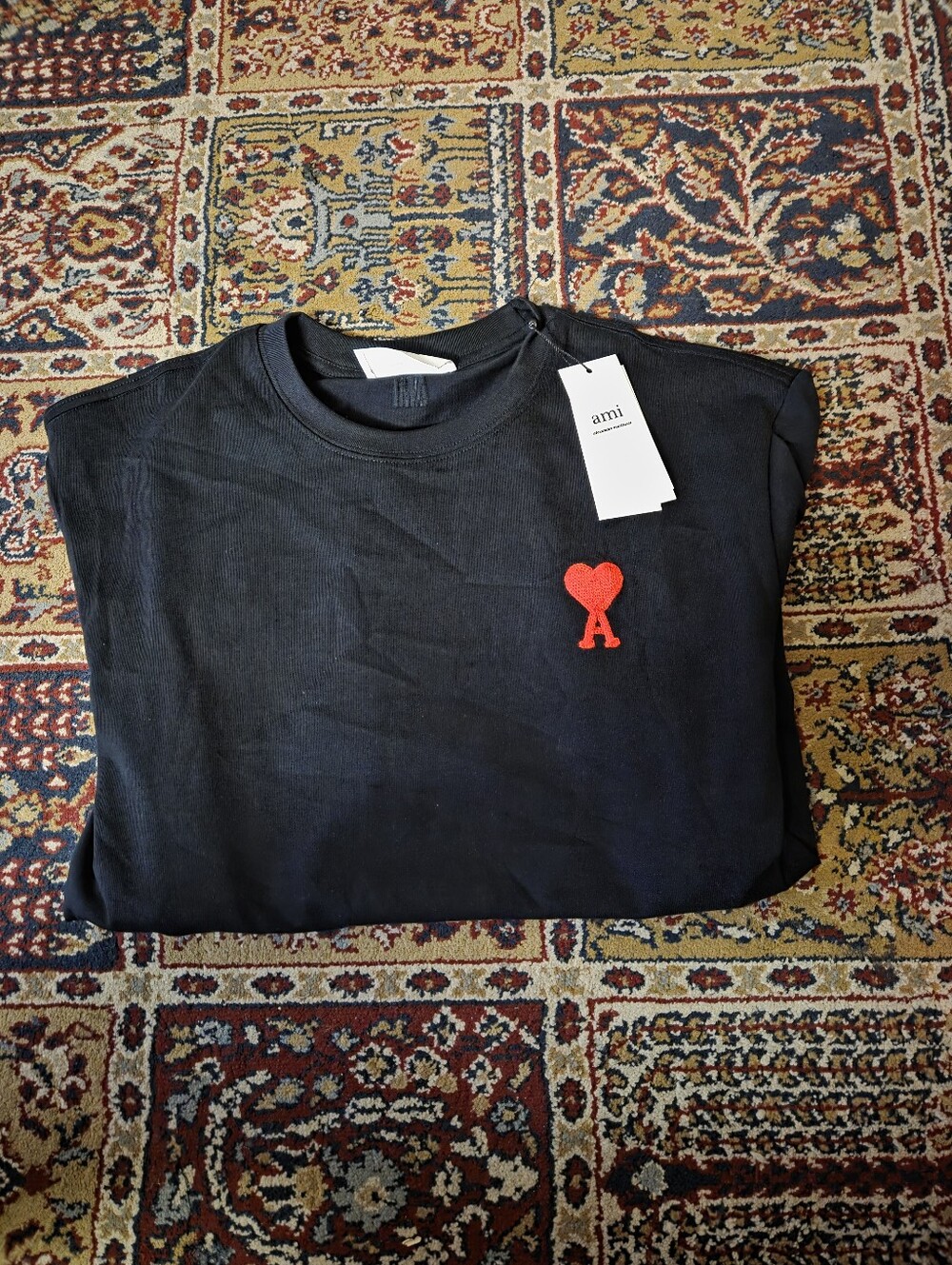Brand New Ami Black T-Shirt with Red Heart 'A' Patch